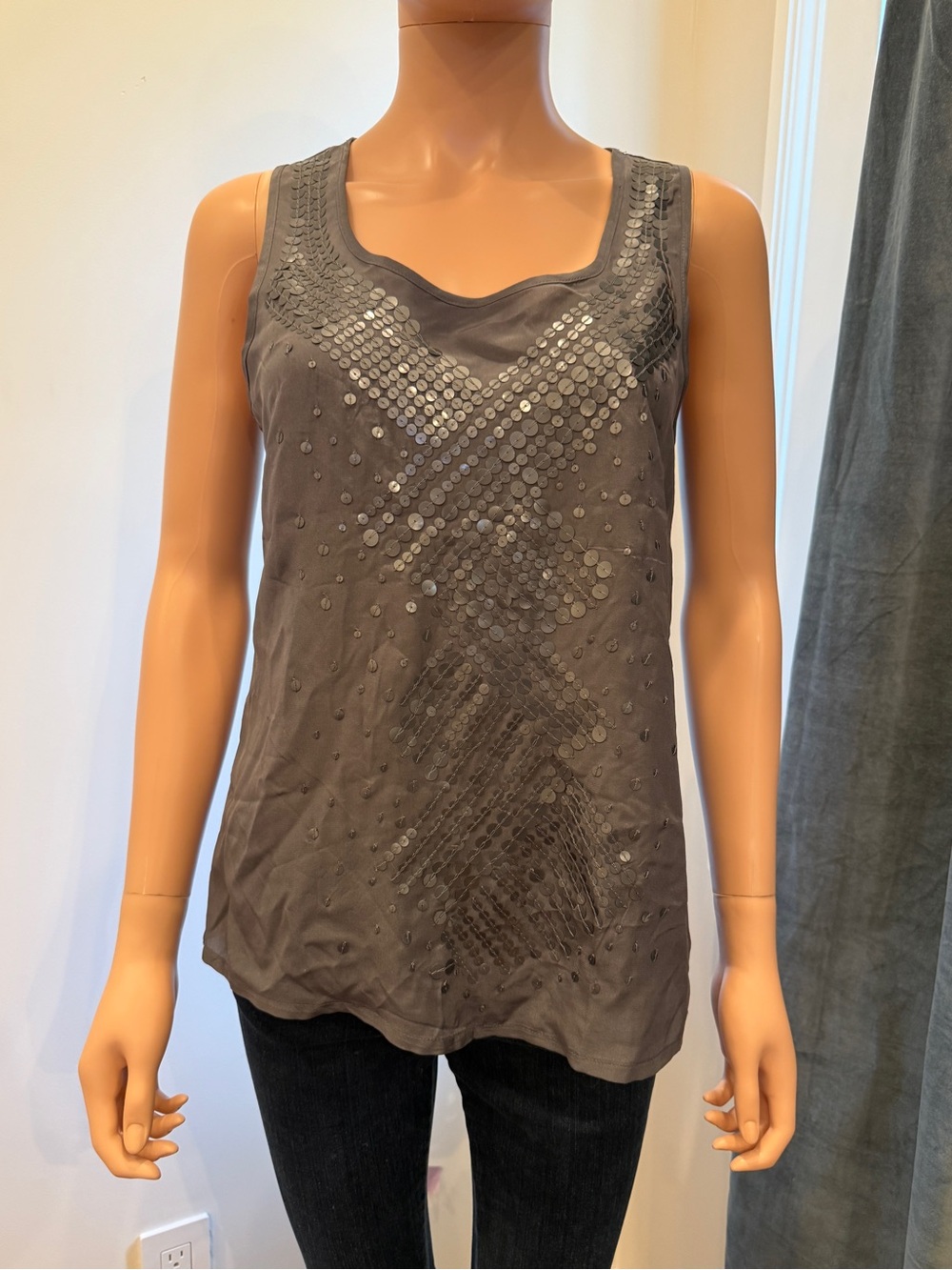 Halogen Gray Silk Sequin Embellished Tank Top